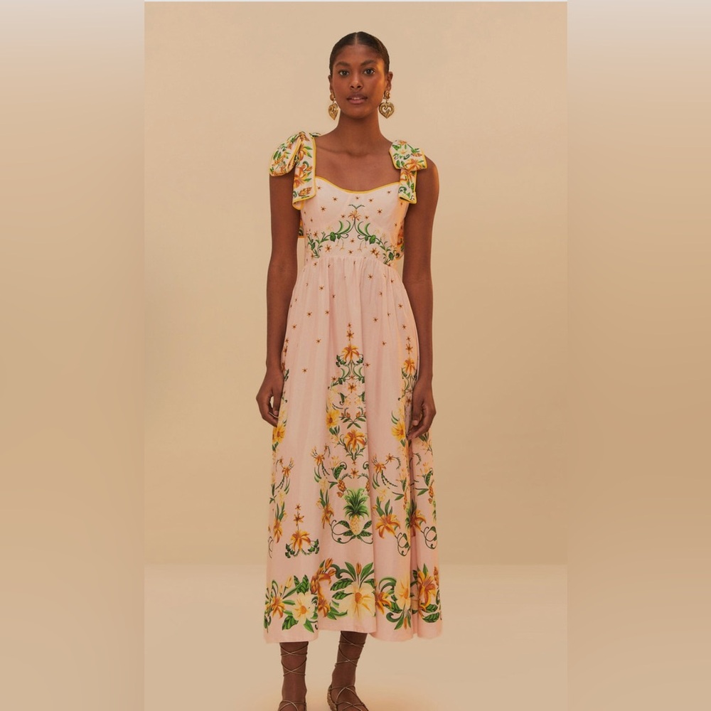NWT Farm Rio Pink Botanical Beauty Pink Bow Midi Dress - Sz S